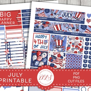 May include: A printable planner sheet with a July theme. The sheet features a red, white, and blue color scheme with stars, stripes, and fireworks. The sheet includes a calendar for July, a section for notes, and a section for to-do lists. The sheet is designed for use with a planner or bullet journal.