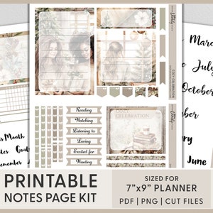 May include: Printable planner notes page kit with a cozy winter theme. The kit includes a monthly calendar, a notes page, a goal page, a remember page, and a variety of decorative elements. The kit is designed for a 7" x 9" planner.