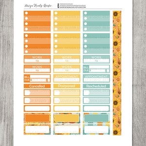 May include: A set of printable planner stickers with a sunflower theme. The stickers are in various shapes and sizes, including rectangular, square, and circular. The stickers are in shades of orange, yellow, and blue, with a floral pattern. The stickers include text such as "Work to", "Bill Dues", "Appointment", "Cancelled", "Postponed", and "Rescheduled".