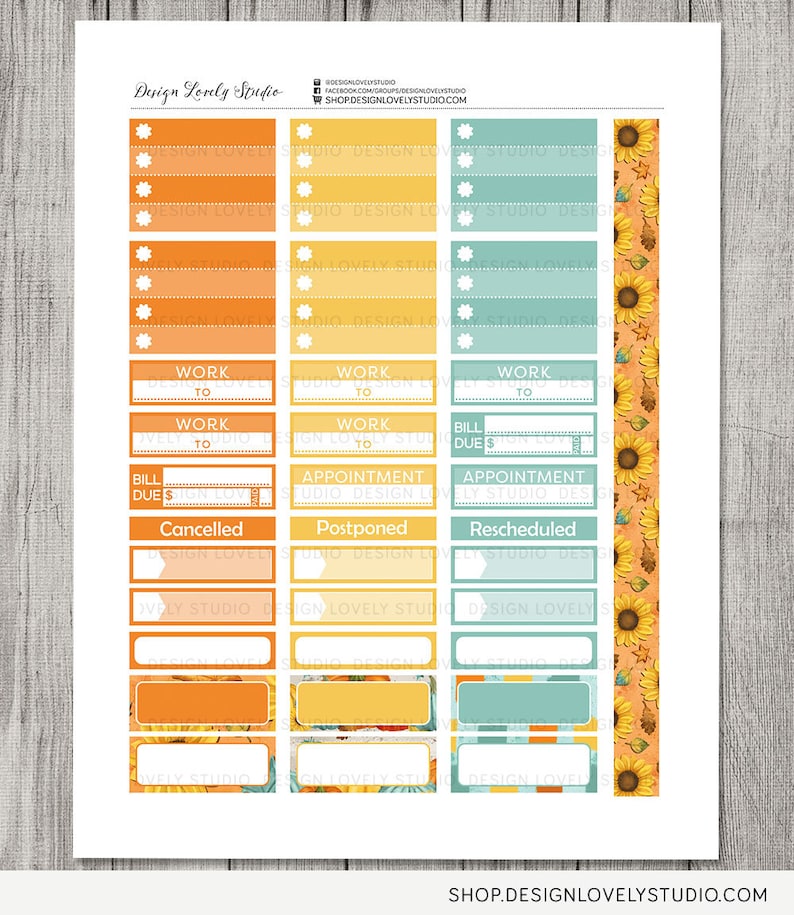 May include: A set of printable planner stickers with a sunflower theme. The stickers are in various shapes and sizes, including rectangular, square, and circular. The stickers are in shades of orange, yellow, and blue, with a floral pattern. The stickers include text such as "Work to", "Bill Dues", "Appointment", "Cancelled", "Postponed", and "Rescheduled".