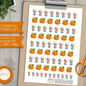May include: Printable sticker sheet with a pattern of fall-themed images, including pumpkins and cups of coffee with whipped cream. The sheet is white with a light wood background. The text "DECORATIVE STICKERS" and "FOLLOW ME ON INSTAGRAM @DESIGNLOVELYSTUDIO" is included on the sheet.