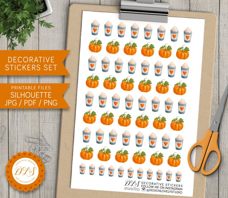 May include: Printable sticker sheet with a pattern of fall-themed images, including pumpkins and cups of coffee with whipped cream. The sheet is white with a light wood background. The text "DECORATIVE STICKERS" and "FOLLOW ME ON INSTAGRAM @DESIGNLOVELYSTUDIO" is included on the sheet.