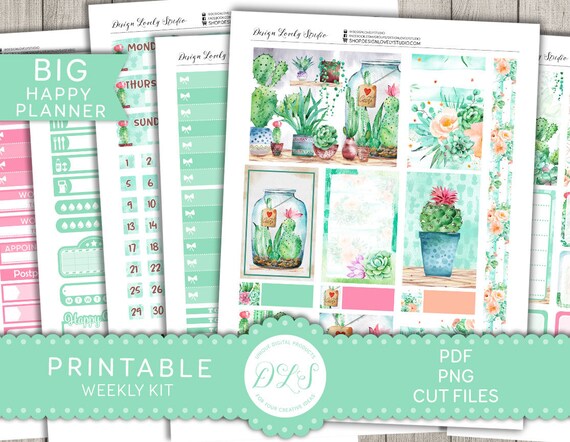 PRINTABLE CACTUS Planner Stickers, Houseplants Planner Stickers, Big Happy Planner Weekly Stickers Kit, Urban Jungle Planner Stickers, BW158
