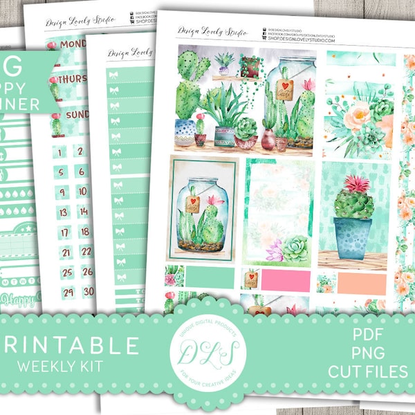 PRINTABLE CACTUS Planner Stickers, Houseplants Planner Stickers, Big Happy Planner Weekly Stickers Kit, Urban Jungle Planner Stickers, BW158