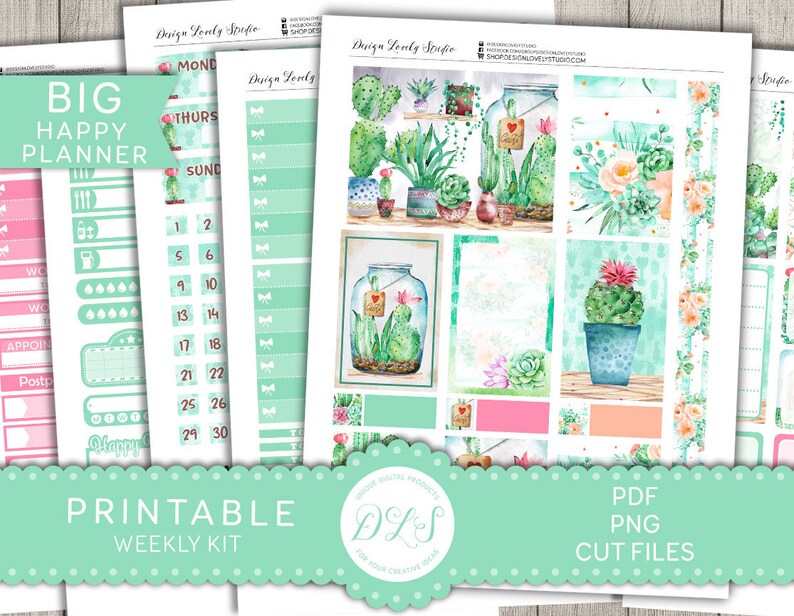 May include: Printable planner stickers featuring a cactus theme. The stickers are in a watercolor style with green, pink, and brown colors. The stickers include a weekly calendar, a to-do list, and other planner essentials.