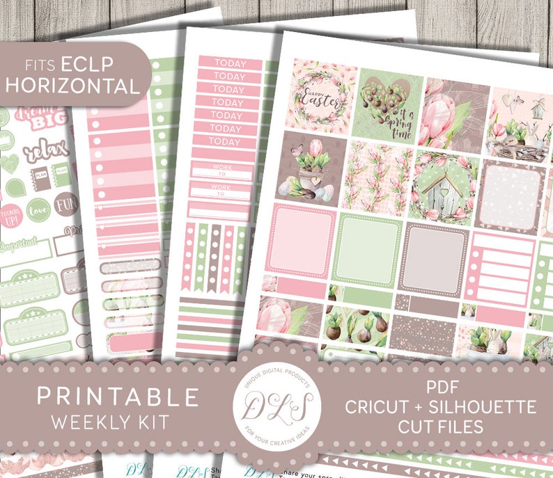 Easter Planner Sticker Kit, Erin Condren Horizontal Stickers, Printable Easter Planner Stickers, April Weekly Kit, Cricut Cut File, HS140 image 1