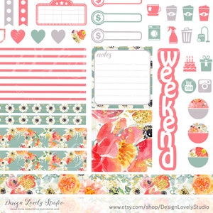 May include: A set of digital planner stickers featuring a variety of designs, including floral patterns, stripes, hearts, and icons. The stickers are in pink, green, and white colors and include text such as "weekend" and "notes".