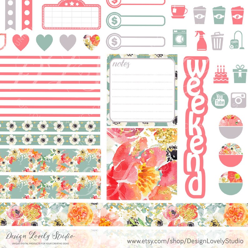 May include: A set of digital planner stickers featuring a variety of designs, including floral patterns, stripes, hearts, and icons. The stickers are in pink, green, and white colors and include text such as "weekend" and "notes".