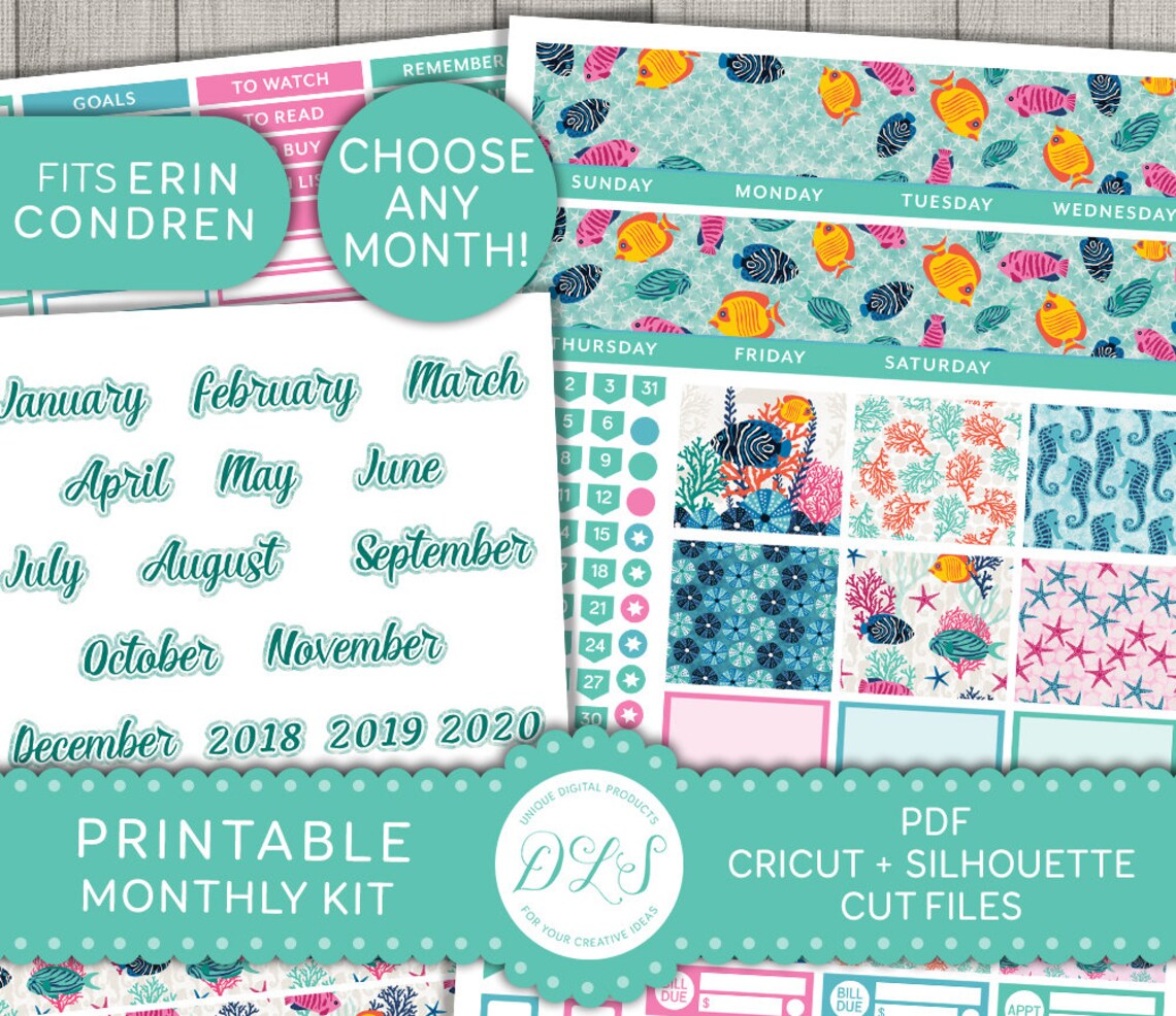 Printable Monthly Planner Stickers July Monthly Kit August | Etsy