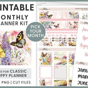 Druckbare Monatssticker, Monatssticker Mai, Monatskit Juni, Schmetterling Sticker, Happy Stickers, Cut Files, HPMV221