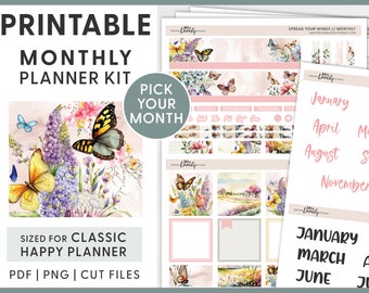 Printable Monthly Planner Stickers, May Monthly Kit, June Monthly Kit, Butterfly Stickers, Happy Planner Stickers, Cut Files, HPMV221