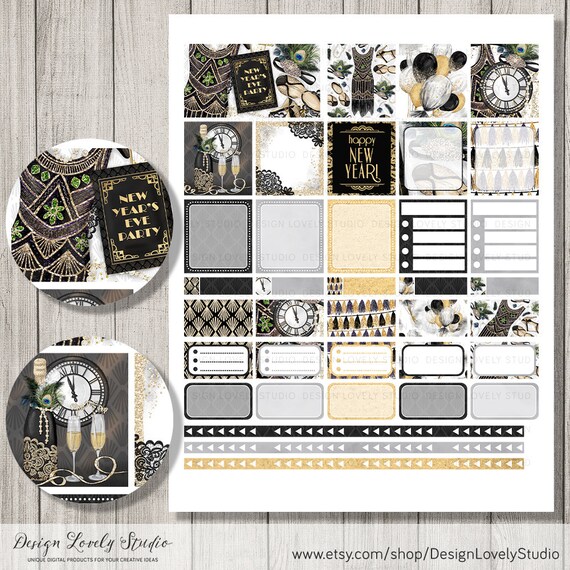 Printable New Year Planner Stickers, New Year's Weekly Stickers Kit, Black  and Gold Planner Stickers, Horizontal Planner Stickers, HS157 