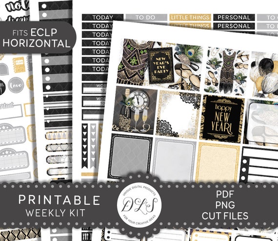 Printable New Year Planner Stickers, New Year's Weekly Stickers Kit, Black  and Gold Planner Stickers, Horizontal Planner Stickers, HS157 