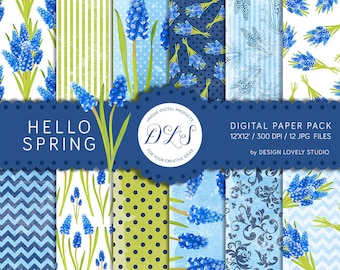 Spring Digital Paper Pack, Floral Digital Background, Floral Digital Backdrop, Blue Flowers Digital Paper, Blue Green, DP144