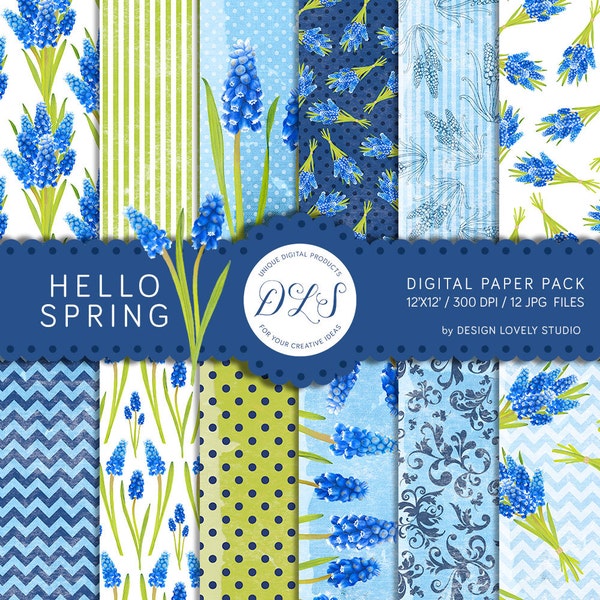 Spring Digital Paper Pack, Floral Digital Background, Floral Digital Backdrop, Blue Flowers Digital Paper, Blue Green, DP144