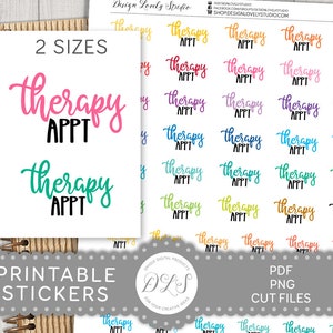 May include: Printable stickers with the text "therapy appt" in various colors, including pink, blue, green, yellow, and orange. The stickers are available in two sizes. The text "Printable Stickers" is at the bottom of the image.