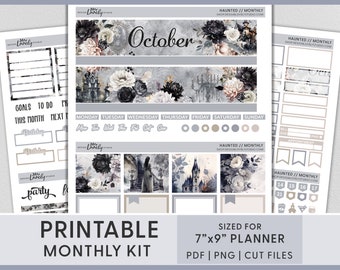 May include: Printable planner stickers with a spooky Halloween theme. The stickers feature a black and white color scheme with floral and castle illustrations. The stickers are designed for a 7" x 9" planner.