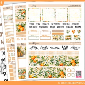 Puede incluir: Un conjunto de pegatinas imprimibles para planificadores con un tema c&iacute;trico. Las pegatinas presentan naranjas, hojas y flores en tonos de verde, amarillo y blanco. Las pegatinas est&aacute;n dise&ntilde;adas para su uso en un planificador mensual o diario.