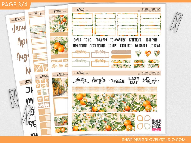 Puede incluir: Un conjunto de pegatinas imprimibles para planificadores con un tema c&iacute;trico. Las pegatinas presentan naranjas, hojas y flores en tonos de verde, amarillo y blanco. Las pegatinas est&aacute;n dise&ntilde;adas para su uso en un planificador mensual o diario.