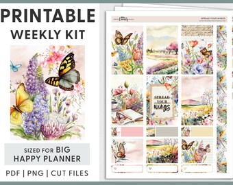 May include: Printable weekly planner stickers featuring watercolor butterflies, flowers, and the phrase "Spread your wings".