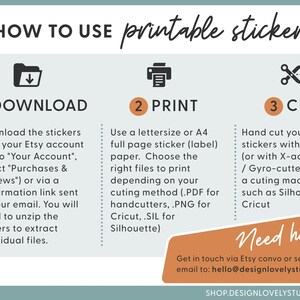 May include: An instructional graphic titled "HOW TO USE printable stickers" with steps for downloading, printing, and cutting stickers. Includes icons for download, print, and cut. The image also includes contact information for help.