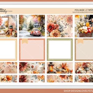May include: A sheet of fall-themed planner stickers with watercolor illustrations. The design includes images of a red car, flowers, pumpkins, and a cozy scene with a thermos and mug. The text "Foliage // Monthly" is displayed at the top.