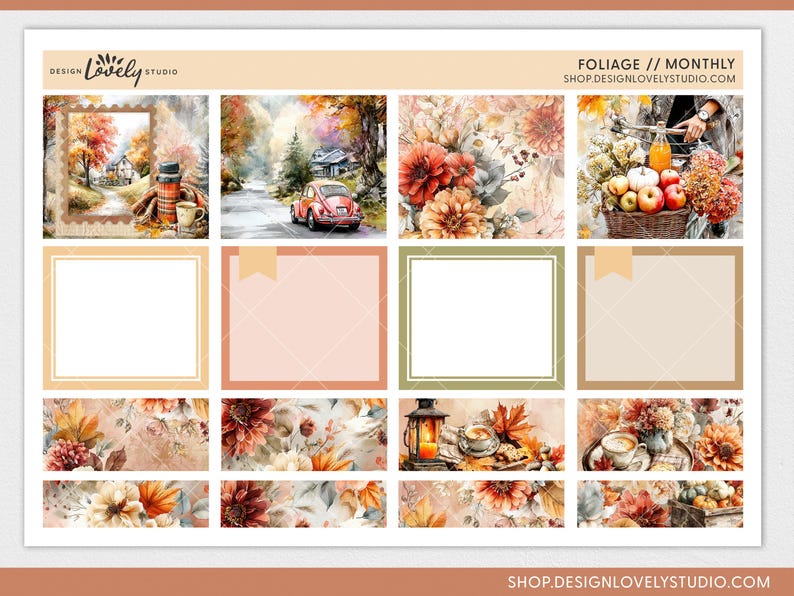 May include: A sheet of fall-themed planner stickers with watercolor illustrations. The design includes images of a red car, flowers, pumpkins, and a cozy scene with a thermos and mug. The text "Foliage // Monthly" is displayed at the top.