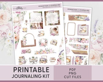 May include: Printable journaling kit with floral and vintage elements. Includes a variety of stickers, frames, and decorative elements in shades of pink, purple, and green. The kit is available in PDF, PNG, and cut file formats.