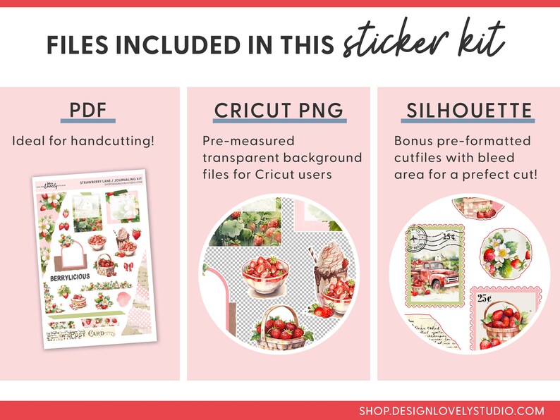 May include: A digital download sticker kit featuring a strawberry theme. The kit includes PDF, Cricut PNG, and Silhouette files. The image shows a variety of strawberry-themed illustrations, including a bowl of strawberries, a strawberry milkshake, and a strawberry-themed postcard.