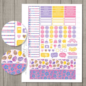May include: A printable sheet of Easter-themed planner stickers with a pink, yellow, and purple color scheme. The stickers feature various designs, including eggs, flowers, hearts, and text. The text includes "Goals", "To Do", "Projects", "Easter", "To Watch", "To Read", "To Buy", "April Fool's Day", "Remember", "Important", "Next Month", "Wish List", "Love Your Life", "Love", "No Excuses", "Party", "Birthday", "Family Time", "Vacation", and "Lazy Day".
