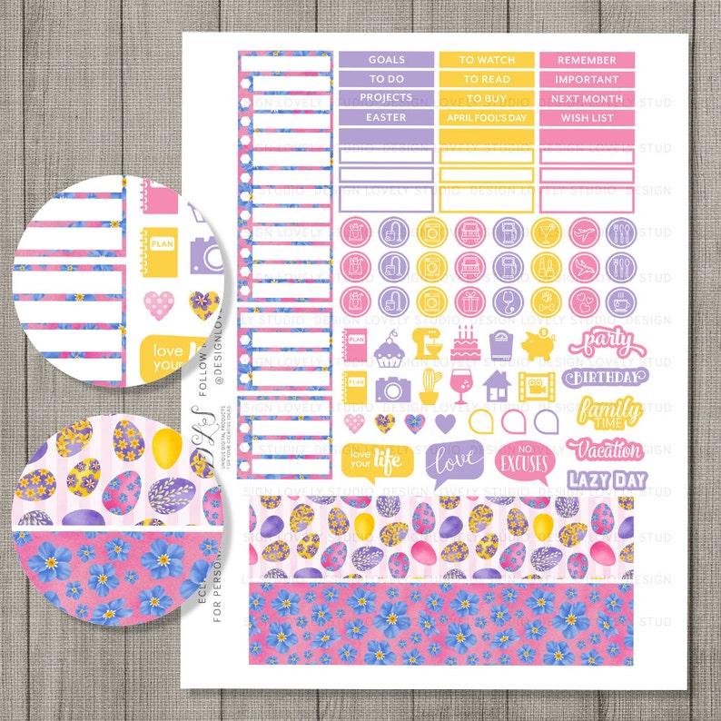May include: A printable sheet of Easter-themed planner stickers with a pink, yellow, and purple color scheme. The stickers feature various designs, including eggs, flowers, hearts, and text. The text includes "Goals", "To Do", "Projects", "Easter", "To Watch", "To Read", "To Buy", "April Fool's Day", "Remember", "Important", "Next Month", "Wish List", "Love Your Life", "Love", "No Excuses", "Party", "Birthday", "Family Time", "Vacation", and "Lazy Day".