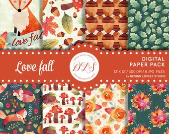 Fall Digital Paper Pack, Woodland Digital Paper, Fox Digital Paper, Autumn Digital Background, Fall Digital Scrapbook Paper, Seamless, DP126