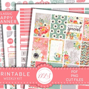 ETIQUETAS engomadas de planificador feliz impresible, kit de pegatinas semanales, pegatinas imprimibles de planificador floral, pegatinas de planificador de verano, archivos de corte, HP184