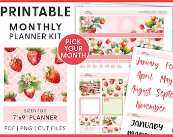 Puede incluir: Kit de planificador mensual imprimible con temática de fresa. El kit incluye un planificador de 7x9 pulgadas, una hoja de pegatinas con fresas y un camión rojo, y una hoja de pegatinas de calendario mensual. El kit está disponible en archivos PDF, PNG y de corte.
