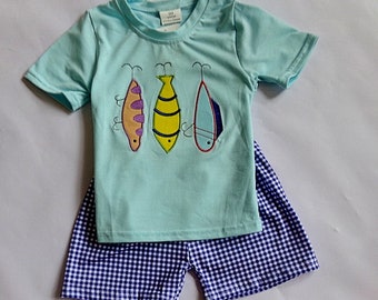 embroidery applique, spring summer outfit, boy short set, embroidered shirt and shorts, boy summer outfit, fish applique short set