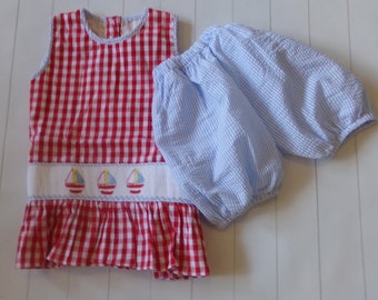 Fourth of July smocked bloomer set. Summer sailboat smocked outfit. Red, white and blue summer bloomer girls outfit.