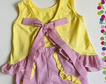 Yellow applique Girls short set. Pink ruffle seersucker shorts. Summer Short Set Ruffle Short Set. Whale ruffle short set.
