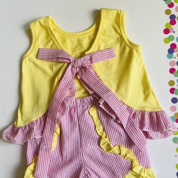 Yellow applique Girls short set. Pink ruffle seersucker shorts. Summer Short Set Ruffle Short Set. Whale ruffle short set.