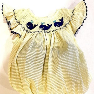 Seersucker Bubble. Smocked seersucker romper. Smocked yellow whale romper. Summer seersucker bubble. Yellow seersucker bubble. Spring romper