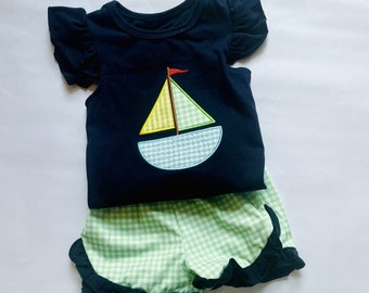 Toddler Girls Applique Sailboat Short Set Embroider Toddler Sailboat Set Ruffle sleeves sailboat outfit Toddler Summer Sailboat Short Set