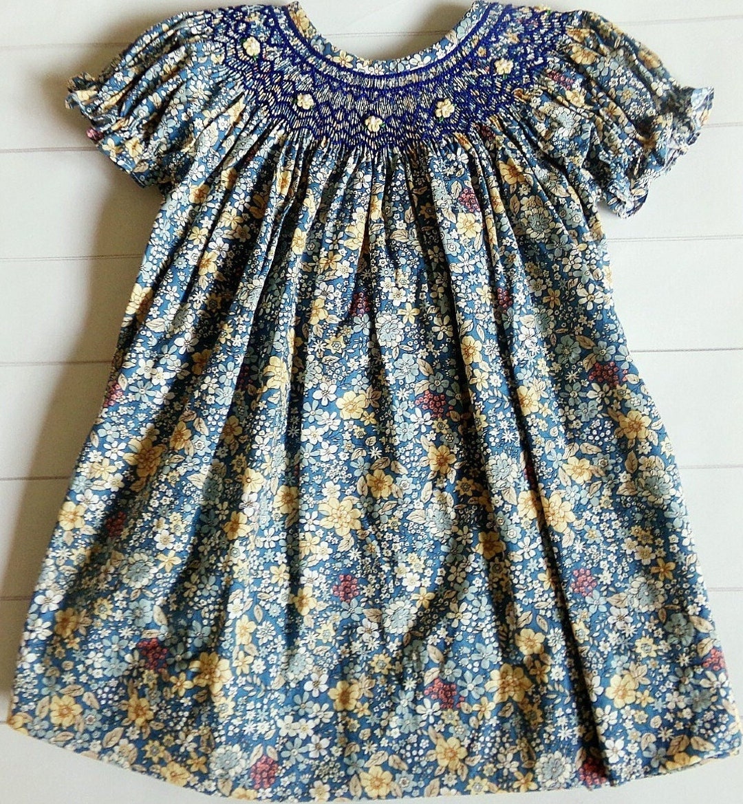 Blue Floral Smocked Waist Dress - Limited Edition