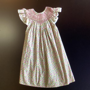 Special Occasion Girl Dress Patterns, Hand Smocked Pink Floral Dress, Bishop Neckline, Toddler Summer Party Sundress, Smocked Outfit