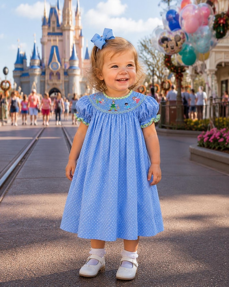 Puede incluir: Una ni&ntilde;a peque&ntilde;a con un vestido azul claro de lunares con corpi&ntilde;o smock y detalles bordados. El vestido tiene mangas cortas con ribete verde y se combina con zapatos blancos y un lazo azul. El fondo muestra un castillo y globos.