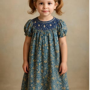 Blue Floral Smocked Dress, Bishop Smocked , Hand Smocked Dress, Summer Smocked Dress, Blue Smocked Dress