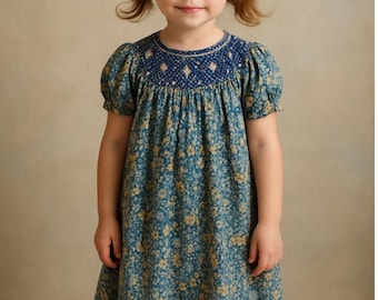 Blue Floral Smocked Dress, Bishop Smocked , Hand Smocked Dress, Summer Smocked Dress, Blue Smocked Dress