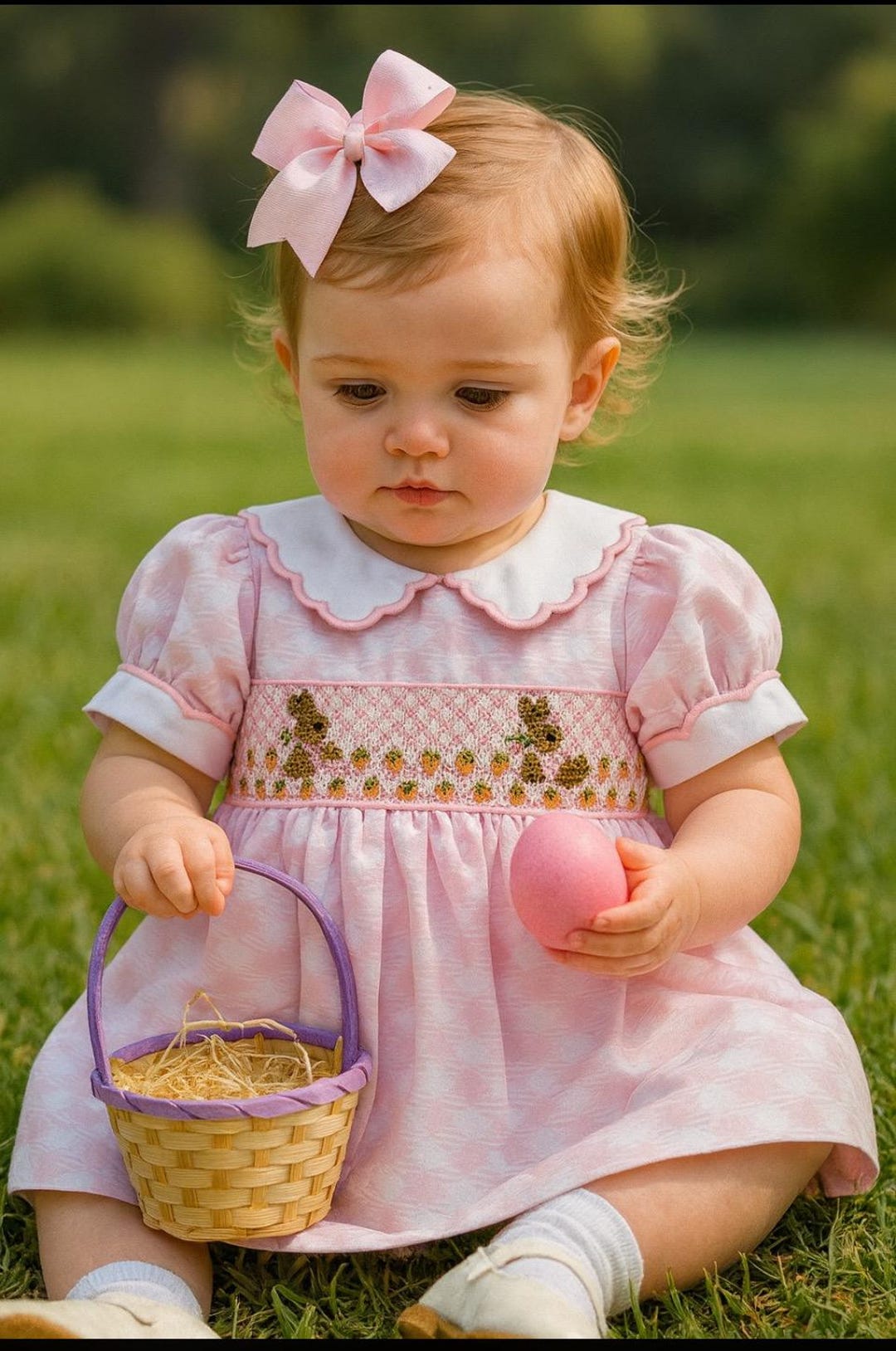 Beautiful Hand Smocked Pink Easter Dress Trimmed in Pink with Cute Bunnies Across The Bodice.
