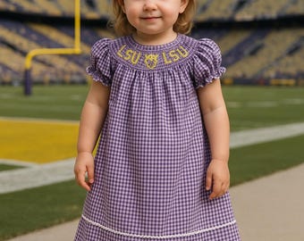 Collegiate/Tigers/Football/ Louisiana/LSU hand smocked bishop dress for Toddlers