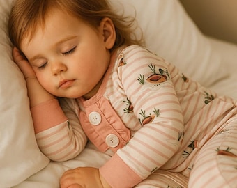 Duck, Duck Goose pink stripe and ruffle pajamas. The softest cotton and spandex pajamas that your little one will want to wear all day .