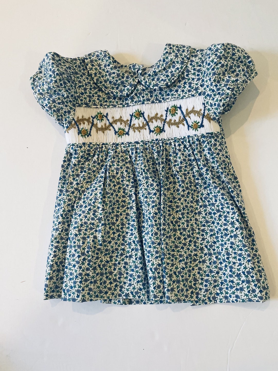 Petit Bebe Girls French Blue Floral Smocked Bodice Dress