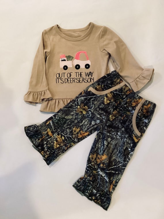 The cutest toddler girl gone hunting two piece outfit. Super soft cotton and polyester. Pockets to hold treasures.